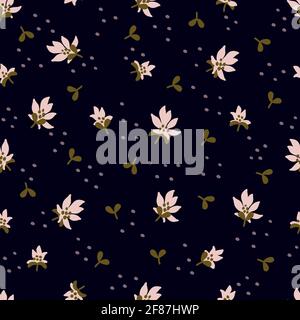 Nahtloses Blumenmuster. Modisches Textilmuster mit dekorativen Blättern, Blumen und Zweigen auf schwarzem Hintergrund. Vektorgrafik Stock Vektor