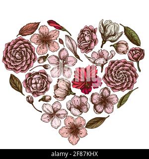 Herz-Blumenmuster mit farbigem Hibiskus, Pflaumenblüten, Pfirsichblüten, Sakura-Blüten, Magnolienblüten, camellia japonica Stock Vektor