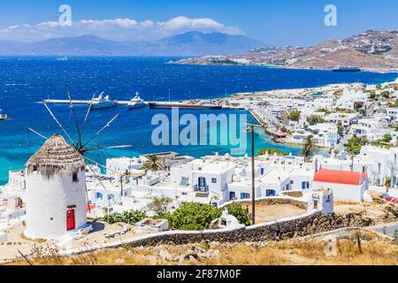 Mykonos, Griechenland. Panoramablick auf Mykonos Stadt, Kykladen Inseln. Stockfoto