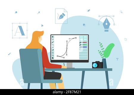 Eine Grafikdesignerin sitzt am Computer am Arbeitsplatz. Die freiberufliche Freiberuflerin oder Mitarbeiterin einer Werbeagentur entwickelt das Design-Layout auf dem Bildschirm. Vektorgrafik Stock Vektor