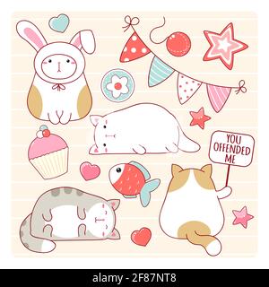 Set von lustigen fetten Katzen. Die Katze liegt, schläft, in einem Hut mit Kaninchenohren, mit einem Schild 'Du hast mich beleidigt'. Vektorgrafik EPS8 Stock Vektor
