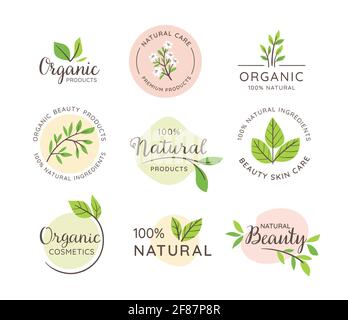 Bio- und Naturlabel-Kollektion. Natürliche kosmetische Embleme. Hautpflege, organische Kosmetikprodukte. Vektorgrafik. Stock Vektor