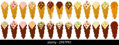 Illustration zum Thema große Kit verschiedene Arten Kegel Waffel mit Blasen für Dessert-Keks. Waffel, bestehend aus leckeren kegelförmigen Keks in Blasen. Stock Vektor