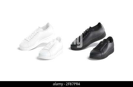 Blanke, schwarz-weiße Leder-Sneakers auf Zehenspitzen-Mockup, isoliert Stockfoto