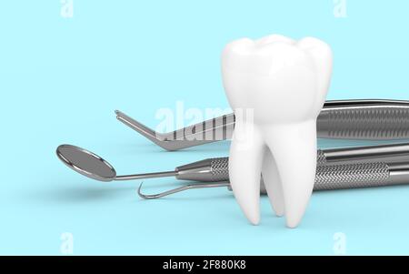 3d-Rendering von zahndiagnostischen Instrumenten auf hellblauem Hintergrund Stockfoto