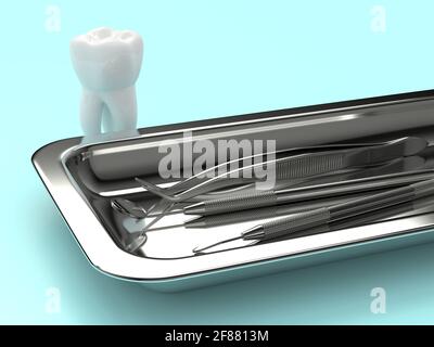 3d-Rendering von Zahn- und zahndiagnostischen Instrumenten in Tray Auf hellblauem Hintergrund Stockfoto