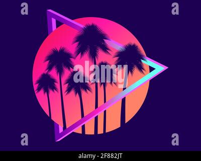 80s Retro-Sci-Fi-Palmen bei Sonnenuntergang. Retro futuristische Sonne mit Palmen. Synthwave- und retrowave-Stil. Design für Werbebroschüren, Banner Stock Vektor