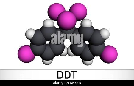 DDT, Dichlordiphenyltrichlorethanmolekül. Es wird häufig als Organochlor-Insektizid verwendet. Molekularmodell. 3D-Rendering. 3D-Illustration Stockfoto