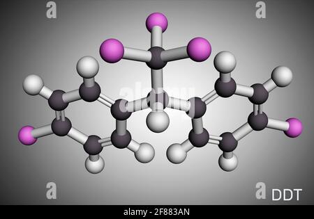 DDT, Dichlordiphenyltrichlorethanmolekül. Es wird häufig als Organochlor-Insektizid verwendet. Molekularmodell. 3D-Rendering. 3D-Illustration Stockfoto