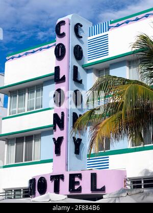 USA, Florida, South Beach Miami, Colony Hotel, Hotel im Art déco-Stil Stockfoto