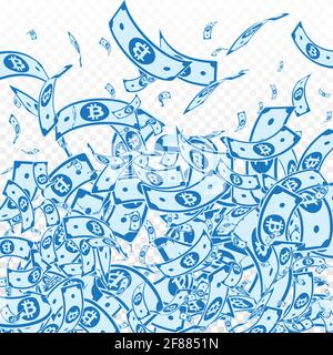 Bitcoin, Internet-Währungsscheine fallen. Unordentliche BTC-Rechnungen auf transparentem Hintergrund. Kryptowährung, digitales Geld. Tatsächliche Vektordarstellung. Malerisch Stock Vektor