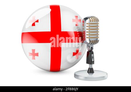 Musik von Georgien Konzept. Retro-Mikrofon mit georgischer Flagge. 3D-Rendering auf weißem Hintergrund isoliert Stockfoto
