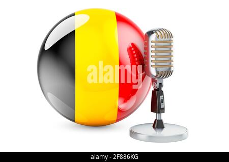 Musik von Belgien Konzept. Retro-Mikrofon mit belgischer Flagge. 3D-Rendering auf weißem Hintergrund isoliert Stockfoto