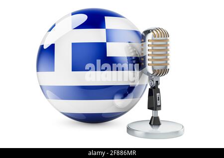 Musik von Griechenland Konzept. Retro-Mikrofon mit griechischer Flagge. 3D-Rendering auf weißem Hintergrund isoliert Stockfoto