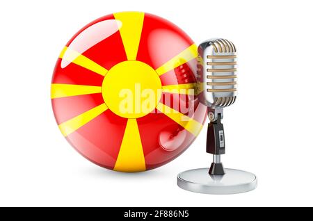 Music of Macedonia Konzept. Retro-Mikrofon mit mazedonischer Flagge. 3D-Rendering auf weißem Hintergrund isoliert Stockfoto