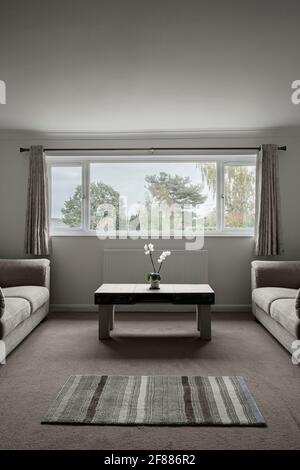 Wohnzimmer mit zwei leeren Sofas. Stockfoto