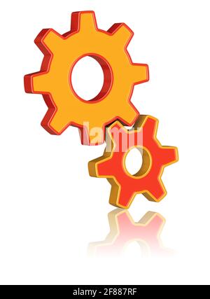Maschinenräder auf einem weißen. Business-, Teamwork- und Technologiekonzept. Stockfoto