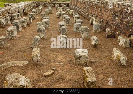 Getreidespeicher an der römischen Festung an der Hadrianmauer in Vercovicium. Die Säulen stützten einen Doppelboden, um Lebensmittel trocken und frei von Ungeziefer zu halten Stockfoto