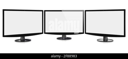 Computer-Breitbildmonitore oder Fernsehgeräte in einem Panorama-Set mit leerem Bildschirm. Isoliert auf einem weißen. 3d-Bild Stockfoto