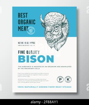 Best Organic Meat Abstract Vector Packaging Design oder Label Template. Banner Mit Büffelsteaks Aus Eigener Landwirtschaft. Moderne Typografie und handgezeichneter Bison Head Stock Vektor