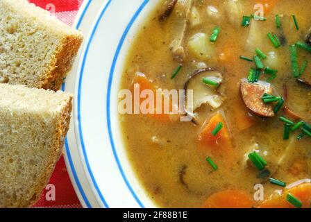 Nahaufnahme der Kartoffelsuppe mit Pilzen auf dem Teller, mit Brot, traditionelle tschechische Gemüsesuppe Stockfoto