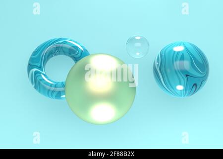 Abstrakter blauer Hintergrund mit geometrischen Formen aus Marmor, Gold und Glas. 3d-Rendering Stockfoto