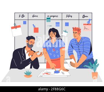 Team arbeitet zusammen gegen SCRUM-Task-Board, flache Vektorgrafik isoliert auf Hintergrund. Stock Vektor