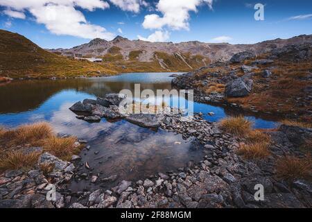 Wanderung zur Lake Angelus Hütte - Nelson Lakes, Neuseeland Stockfoto