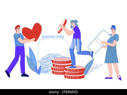 Geldspende und Charity-Banner mit Menschen, Cartoon-Vektor-Illustration.. Stock Vektor