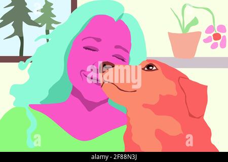 Frau mit Hund genießen die Gemeinschaft, lebendige Farben cyan, rosa, grün, orange, Abbildung Stockfoto
