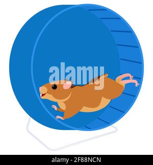 Cartoon Hamster läuft in blauem Rad. Vektor Maskottchen Illustration isoliert auf weiß. Tiercharakter. Stock Vektor