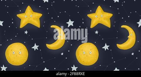 Nahtloses Muster, sternenklare Nacht. Ein seltsamer Monat, Mond und Sterne. Nachthimmel und Sternbilder. Cartoon-Stil. Lustige Charaktere. Stockfoto