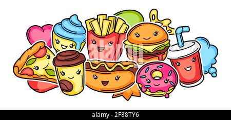 Hintergrund mit niedlichen Kawaii Fast-Food-Mahlzeit. Stock Vektor