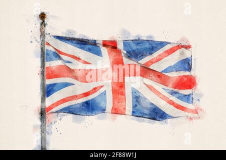 Britische Flagge, Flagge des Vereinigten Königreichs. Aquarelle, Aquarell-Illustration. Stockfoto