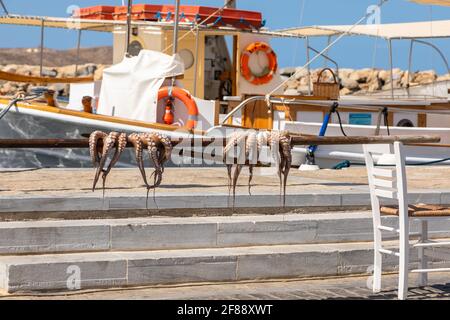 Naoussa, Paros Island, Griechenland - 27. September 2020: Octopus hängt am Kai an einem Stock auf, um es zu trocknen. Stockfoto