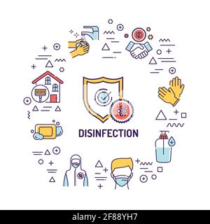 Webbanner zur Desinfektion. Infografiken mit linearen Symbolen auf weißem Hintergrund. Kreatives Ideenkonzept. Isolierte Farbdarstellung der Umrisse Stock Vektor