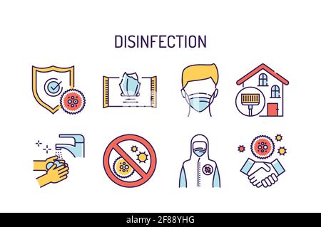 Symbole für die Desinfektion-Farblinie eingestellt. Virenschutz. Piktogramme für Webseite, mobile App, Promo. UI UX GUI Design-Element. Stock Vektor