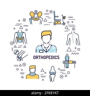 Webbanner für Orthopädie. Infografiken mit linearen Symbolen auf weißem Hintergrund. Kreatives Ideenkonzept. Isolierte Farbdarstellung der Umrisse Stock Vektor