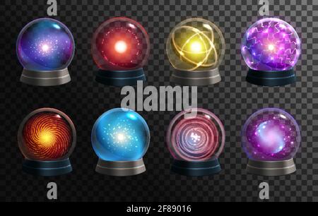 Magische Kristallkugeln auf transparentem Hintergrund, Vektorgloben von Wahrsagern, orakel und Halloween-Zauberer. Realistische 3d-Glaskugeln oder leuchtende Kugel Stock Vektor