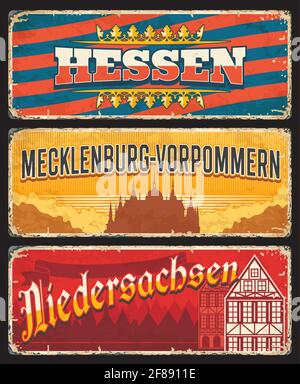 Deutschland Hessen, Niedersachsen und Mecklenburg Vorpommern Metallschilder und rostige Blechplatten, Vektor. Deutsche Bundesstaaten Retro-Beschilderung mit City Slogan, Stock Vektor