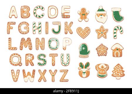 Weihnachten Lebkuchen-Kekse Alphabet mit Zahlen. Keksbuchstaben, Zeichen für Weihnachtsbotschaften und Design. Vektorgrafik mit Dekorationen. Stock Vektor