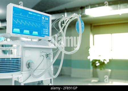 Künstliches Lungenventilator der Intensivstation mit fiktivem Design in heller Klinik mit Bokeh - STOP-Coronavirus-Konzept, medizinische 3D-Illustration Stockfoto