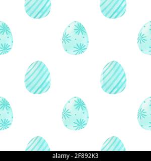 Aquarell-Nahtloses Muster mit Ostereiern in hellblauen Farben. Festliche Elemente mit floralen und gestreiften Ornamenten. Perfekt zum Einwickeln von Papier, Stoff, Textilien, Drucken und Dekorationen. Stockfoto