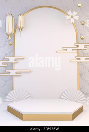 Vertikale Nachbau weißen Podium japanisch minimal geometrische .3D-Rendering Stockfoto