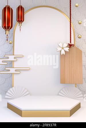 Vertikale Nachbau weißen Podium japanisch minimal geometrische .3D-Rendering Stockfoto
