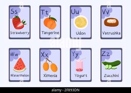 Farbenfroher Buchstabe S, T, U, V, W, X, Y, Z - Erdbeere, Mandarine, udon, Vatruschka, Wassermelone, ximenia, Joghurt, Zucchini. Stock Vektor