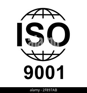 ISO 9001-Symbol. Symbol für Standardqualität. Vektor-Taste auf schwarzem Hintergrund isoliert. Stock Vektor