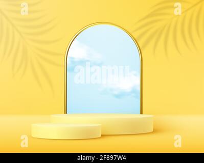Produktdisplay Podium mit realistischer Wolke und goldenem Rahmen dekoriert Auf gelbem Hintergrund Stock Vektor