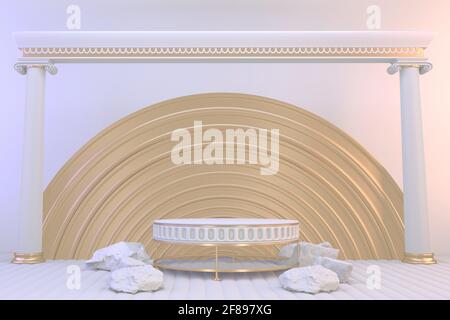 3d-Rendering. Modernes minimalistisches Modell mit abstraktem Zylinderdisplay aus Goldpodium. Stockfoto