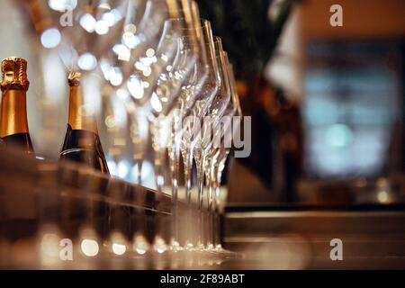 Leere Weingläser in einer Reihe an der Bar und im Hintergrund Flaschen Champagner Stockfoto